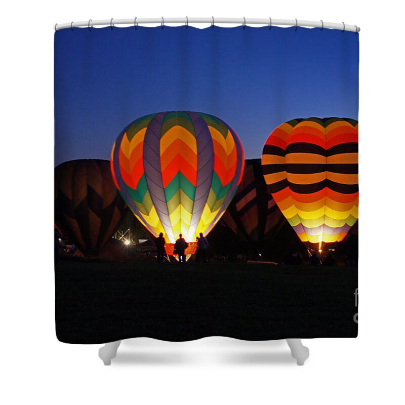 Hot Air Balloon Shower Curtain featuring the photograph Hot Air Balloons at Dusk by Benanne Stiens
