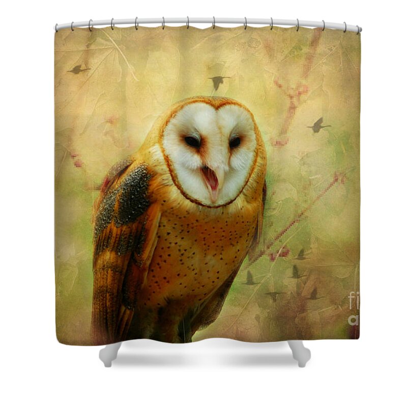  Shower Curtain featuring the photograph I Will Make You Smile Owl by Peggy Franz