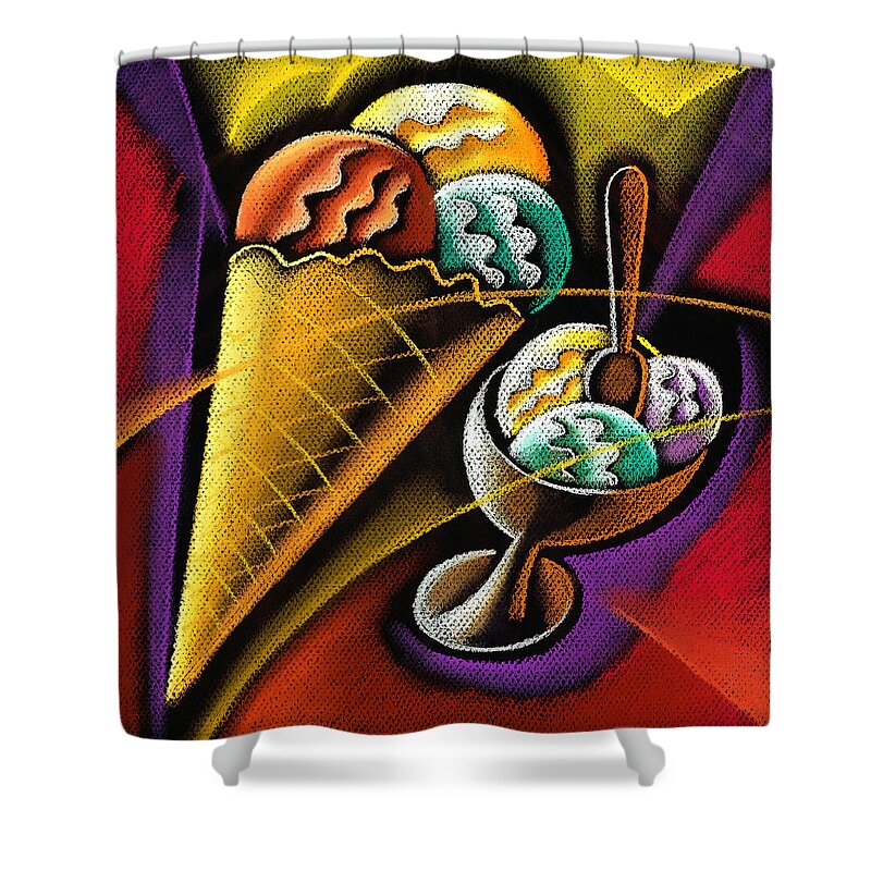 Coloured Cone Cones Dairy Products Dessert Food Graphic Ice Ice Cream Ice Creams Icecream Icecreams Illustration Illustrations Milk Products Mouth Watering One Picture Pictures Pink Snack Strawberry Sweet Temptation Vertical White Background Decorative Art Absttract Painting Shower Curtain featuring the pastel Icecream by Leon Zernitsky