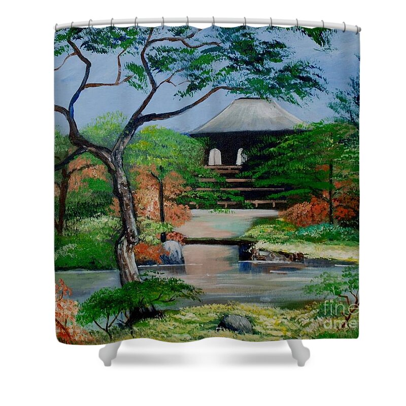 Japaneese Landscape Shower Curtain featuring the painting Jardin Japonais by Jean Pierre Bergoeing
