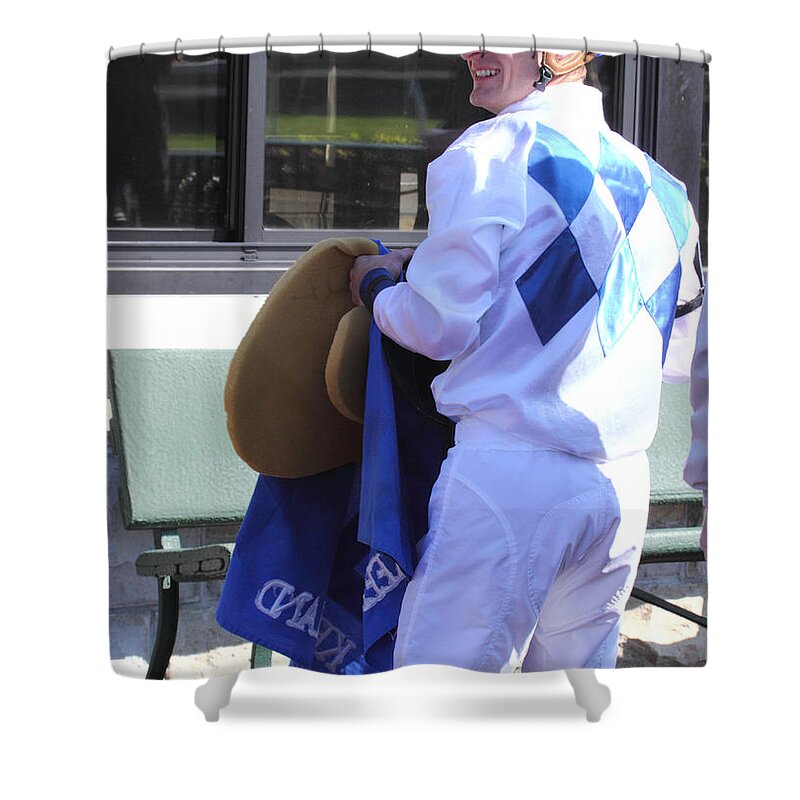 Shower Curtain featuring the photograph 'Jockey Julien Lepauroux' by PJQandFriends Photography