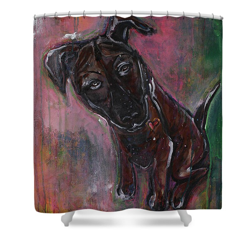 Puppy Shower Curtain featuring the painting June by Laurie Maves ART