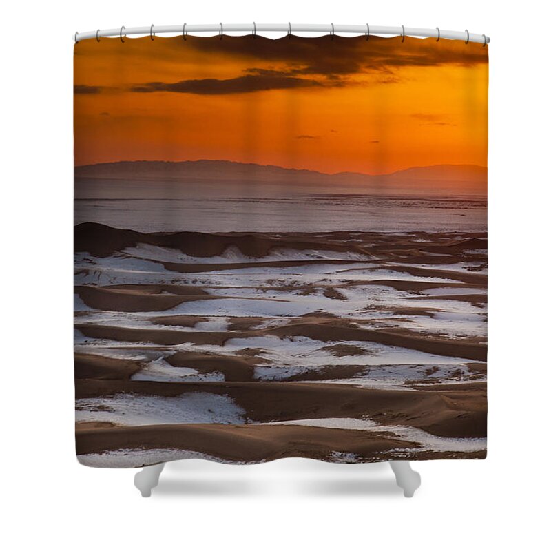 00481645 Shower Curtain featuring the photograph Khongor Sand Dunes In Winter Gobi by Colin Monteath