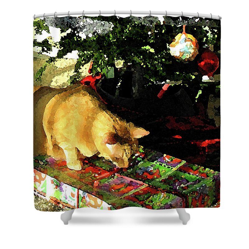 Christmas Card Shower Curtain featuring the digital art Kitty's Christmas by Karen Francis