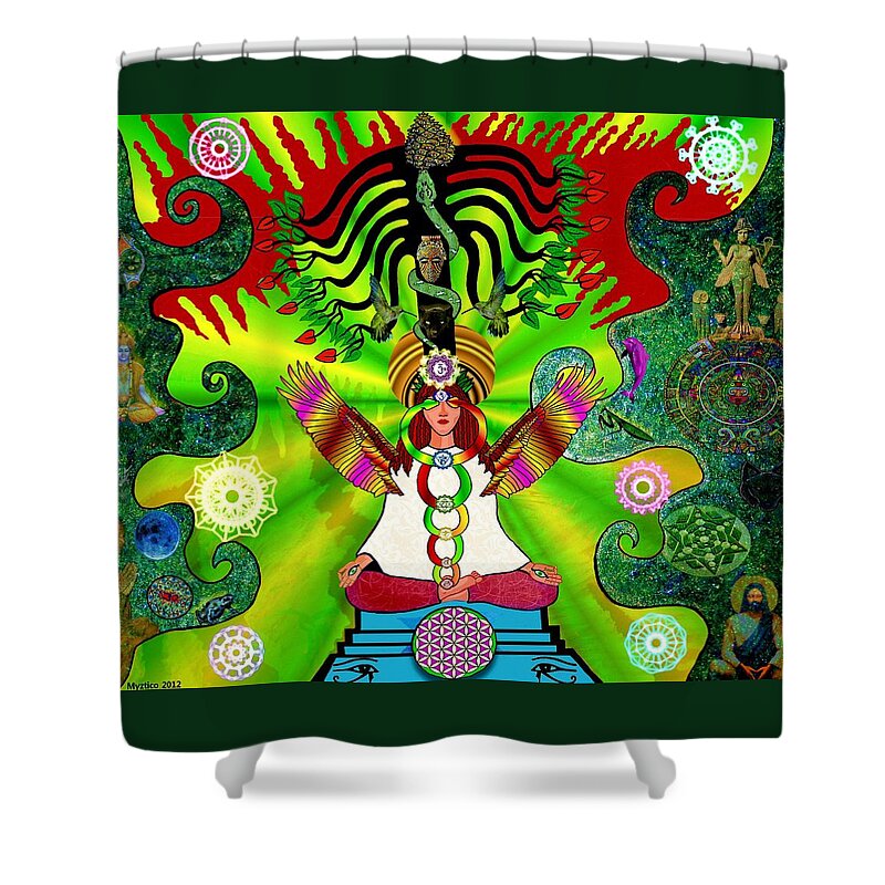 Kundalini Shower Curtain featuring the mixed media Kundalini Rising and the Tree of Twelve Fruits by Myztico Campo