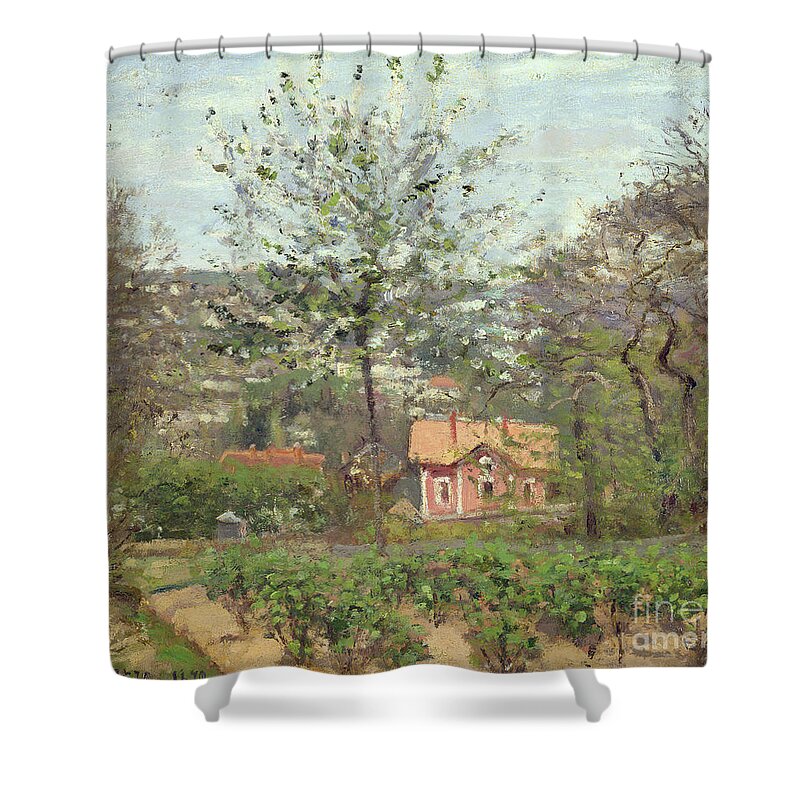 Camille Shower Curtain featuring the painting La Maison Rose by Camille Pissarro