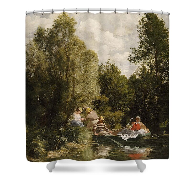 Impressionist; Impressionism; Boat; Boating; Male; Female; Tree; River; Grass Shower Curtain featuring the painting La Mare aux Fees by Pierre Auguste Renoir