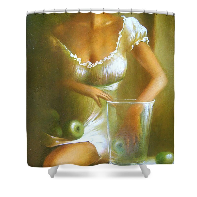 Lady Shower Curtain featuring the painting Lady with green apples by Vali Irina Ciobanu