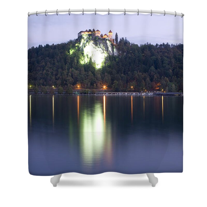 Bled Shower Curtain featuring the photograph Lake Bled castle at dawn by Ian Middleton