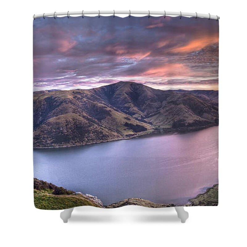 00441964 Shower Curtain featuring the photograph Lake Forsyth At Dawn Canterbury New by Colin Monteath