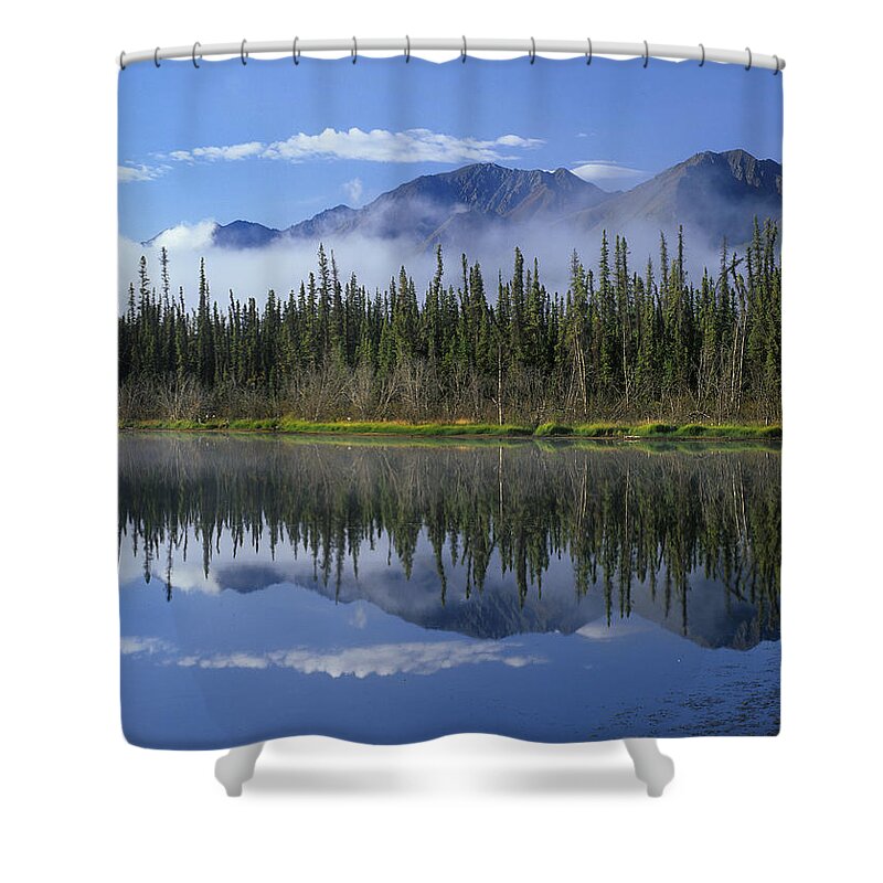 00176976 Shower Curtain featuring the photograph Lake Reflecting Mountain Range by Tim Fitzharris