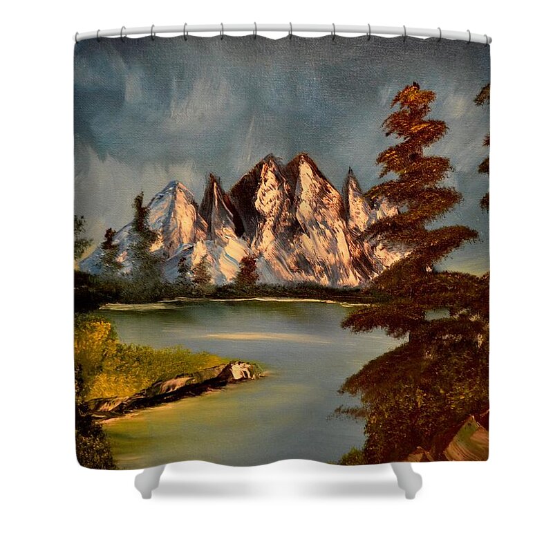 Mountains Shower Curtain featuring the painting LakeView by Maria Urso
