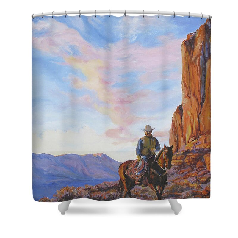 Rider Shower Curtain featuring the painting Last Light With a Mile to Go by Page Holland