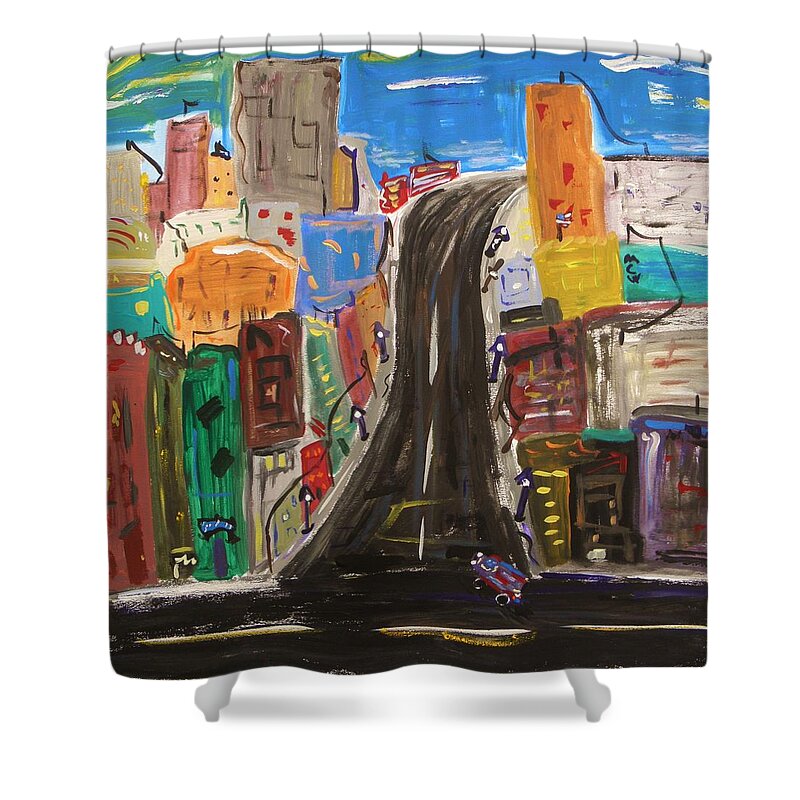City Shower Curtain featuring the painting Let's Turn Up This Street by Mary Carol Williams