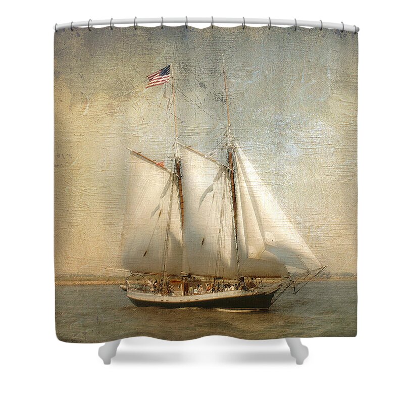 Beach Shower Curtain featuring the photograph Liberty Clipper on Boston Harbor by Karen Lynch