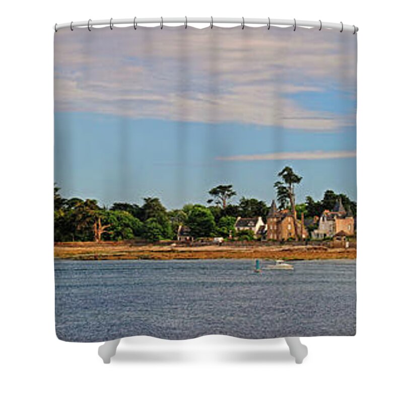 Lighthouse Shower Curtain featuring the photograph Lighthouse Panorama Brittany France by Dave Mills