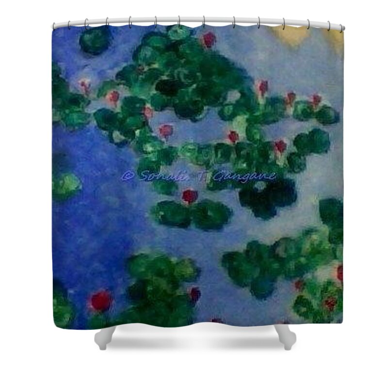 Lilies Floating In Blue Waters Shower Curtain featuring the painting Lily pond by Sonali Gangane