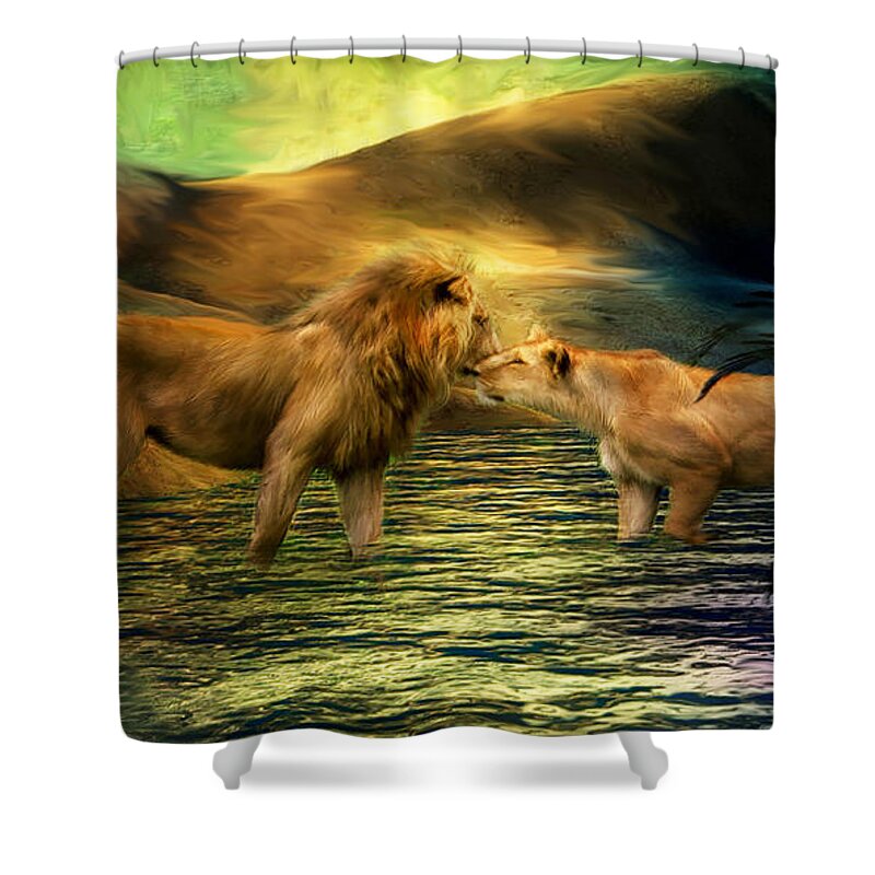Lion Shower Curtain featuring the mixed media Lion Lovers by Carol Cavalaris