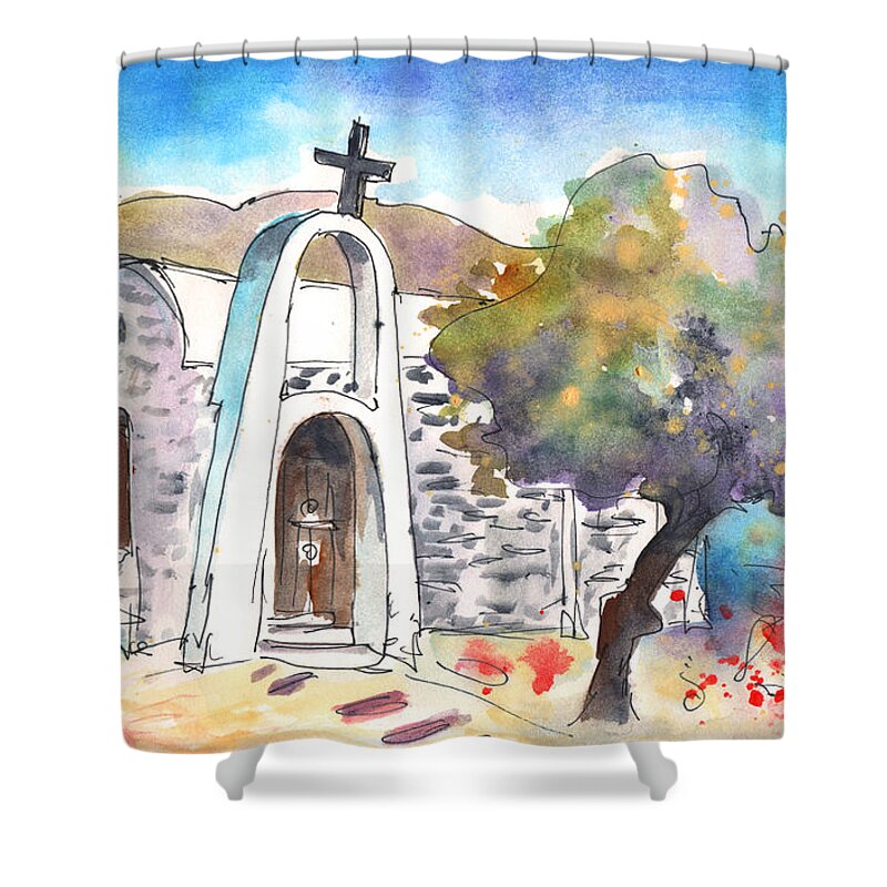 Travel Sketch Shower Curtain featuring the painting Little Church in Elounda by Miki De Goodaboom