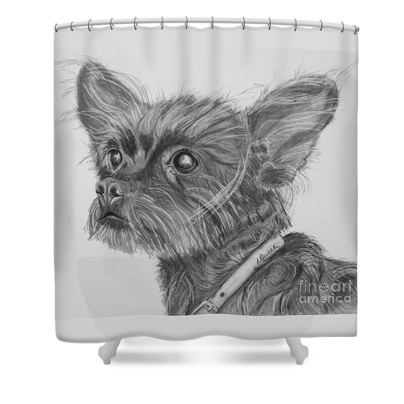 Dog Shower Curtain featuring the drawing Little Heartbeat at My Feet by Susan A Becker