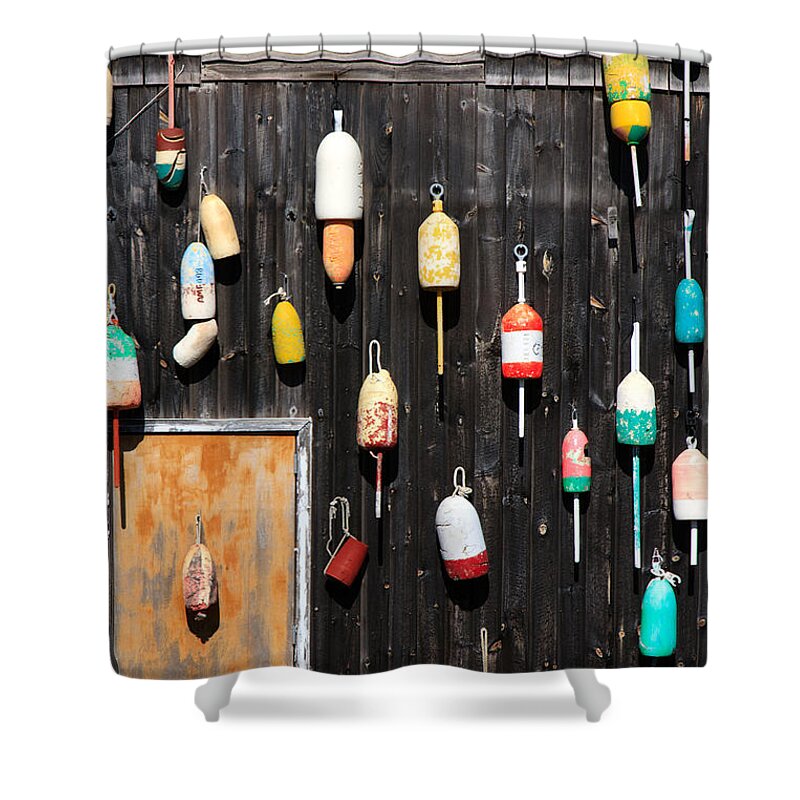 Bar Harbor Shower Curtain featuring the photograph Lobster Shack with Brightly Colored Buoys by Karen Lee Ensley