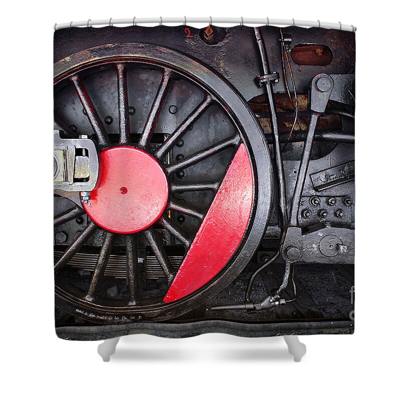 Antique Shower Curtain featuring the photograph Locomotive Wheel by Carlos Caetano