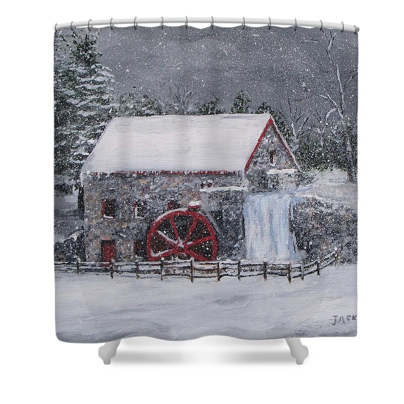  Sudbury Ma Shower Curtain featuring the painting Longfellow's Grist Mill In Winter by Jack Skinner
