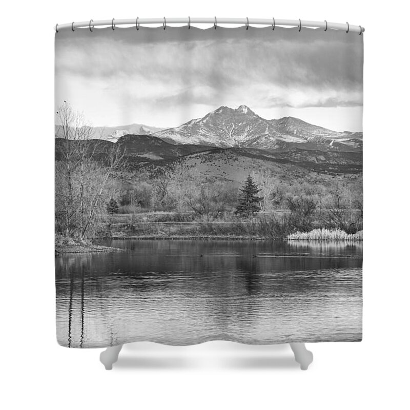 'longs Peak' Shower Curtain featuring the photograph Longs Peak and Mt Meeker Sunrise at Golden Ponds BW by James BO Insogna