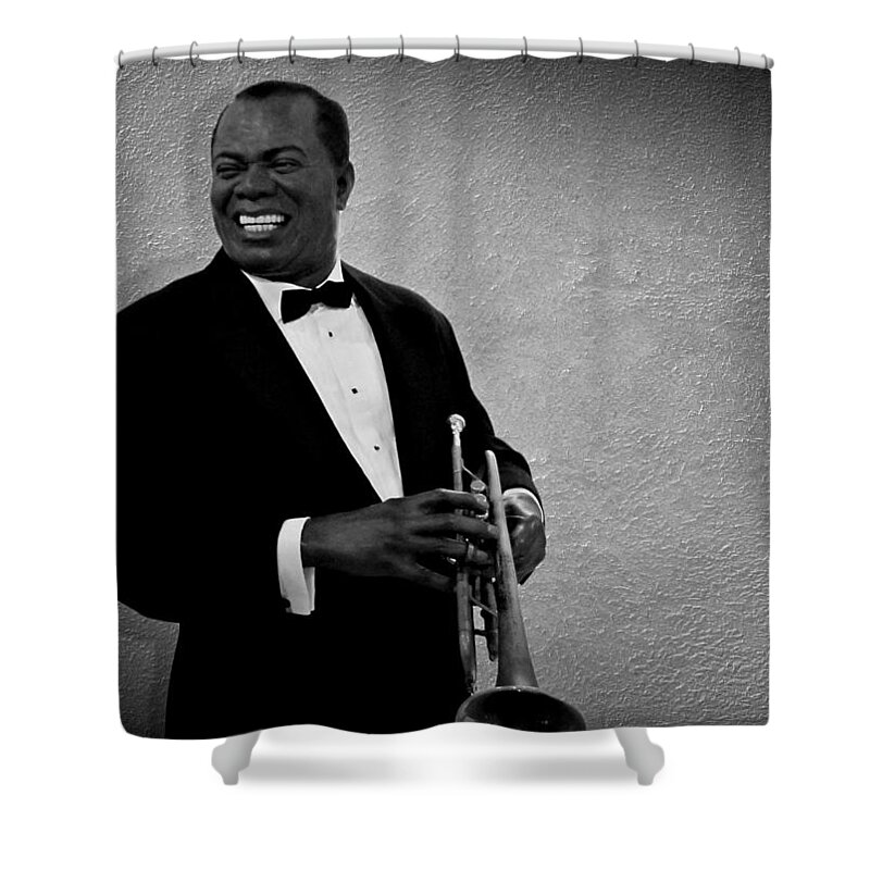 Louis Armstrong Shower Curtain featuring the photograph Louis Armstrong BW by David Dehner