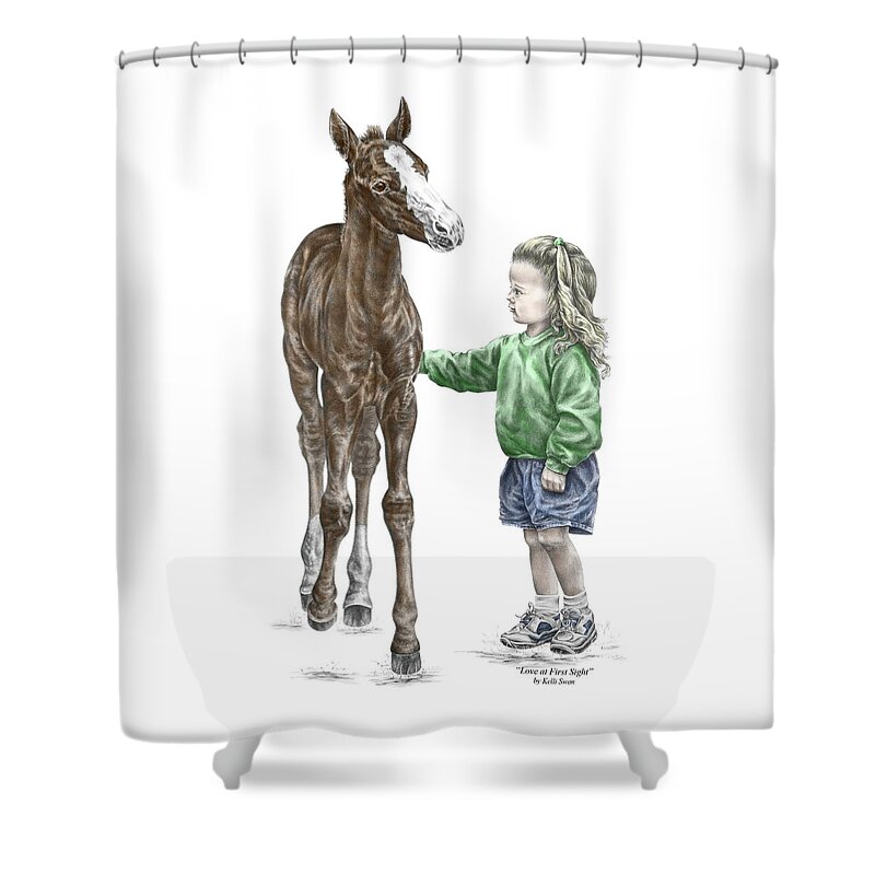 Horse Shower Curtain featuring the drawing Love at First Sight - Girl and Horse Print color tinted by Kelli Swan