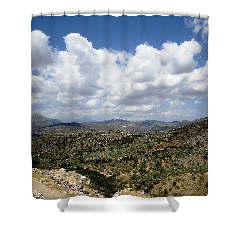 Mycenaean Shower Curtain featuring the photograph Magnificent Mountain Range and Valley View from the Ancient Hilltop in Mycenae Greece by John Shiron