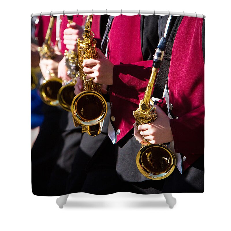 Saxophone Shower Curtain featuring the photograph Marching Band Saxophones Cropped by James BO Insogna