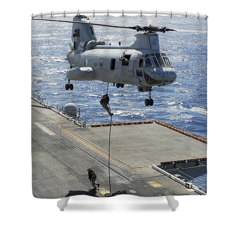 Marines Shower Curtain featuring the photograph Marines Perform Fast-rope Training by Stocktrek Images