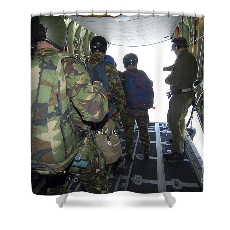 British Army Shower Curtain featuring the photograph Members Of The Pathfinder Platoon Wait by Andrew Chittock