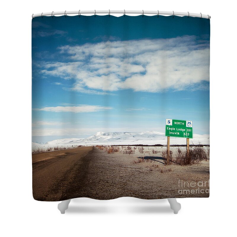 Territories Shower Curtain featuring the photograph Milepost at the Dempster Highway by Priska Wettstein
