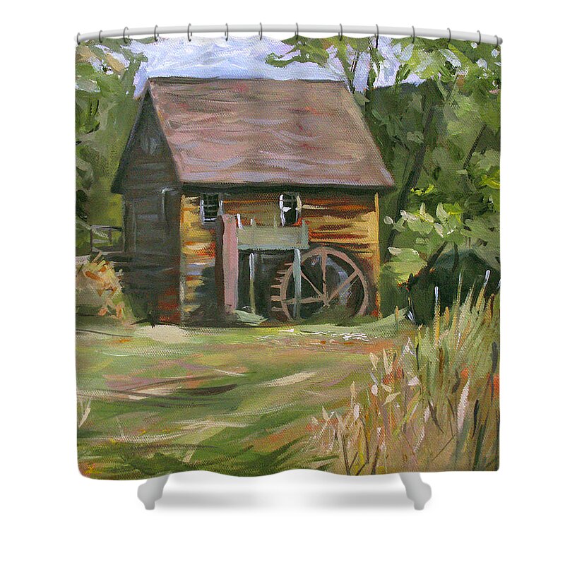 Landscape Shower Curtain featuring the painting Mill in the Meadow by Nancy Griswold