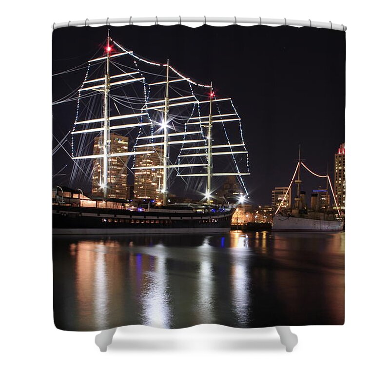 Missoula Boat Ship Night View Philadelphia Shower Curtain featuring the photograph Missoula at Nighttime by Alice Gipson