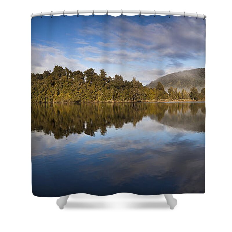 Hhh Shower Curtain featuring the photograph Misty Lake Mapourika Inwestland Np New by Colin Monteath