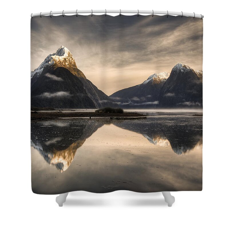 00446721 Shower Curtain featuring the photograph Mitre Peak And Milford Sound by Colin Monteath
