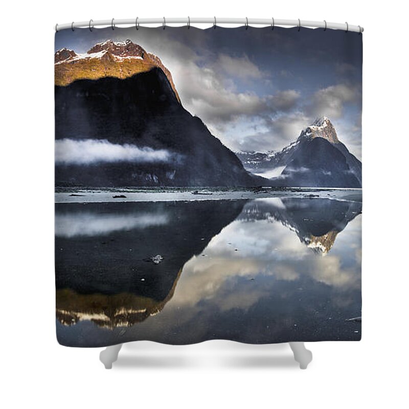 00438696 Shower Curtain featuring the photograph Mitre Peak Reflecting In Milford Sound by Colin Monteath