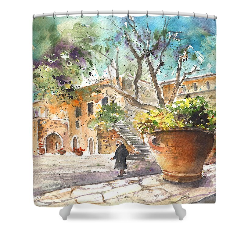 Travel Art Shower Curtain featuring the painting Monastery of Asomatos by Miki De Goodaboom
