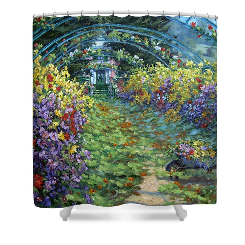 Claude Monets Garden In Fall Shower Curtain featuring the painting Monet's Autumn by L Diane Johnson