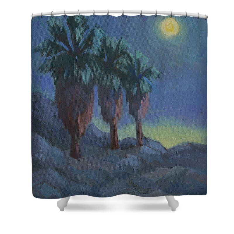 Desert Shower Curtain featuring the painting Moonrise and Three Palms by Diane McClary