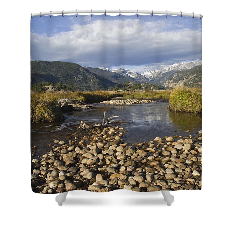 Stream River Snow Mountains Moraine Park Rocky Mountain National Park Rmnp Colorado Shower Curtain featuring the photograph Moraine Park - 3703 by Jerry Owens