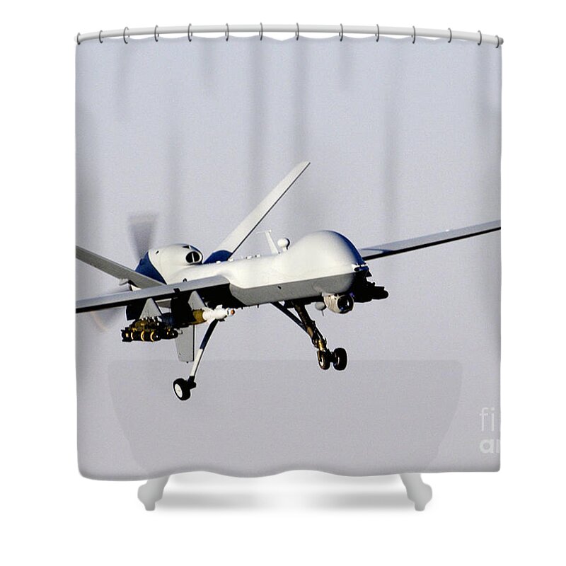 Mq-9 Reaper Shower Curtain featuring the photograph Mq-9 Reaper Prepares To Land by Photo Researchers