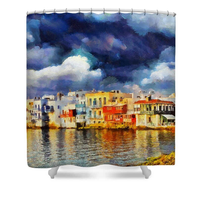 Rossidis Shower Curtain featuring the painting Myconos clasic by George Rossidis