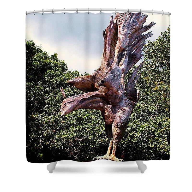 Pfeiffer Beach Shower Curtain featuring the photograph 'Nepenthe's Phoenix Bird' by PJQandFriends Photography