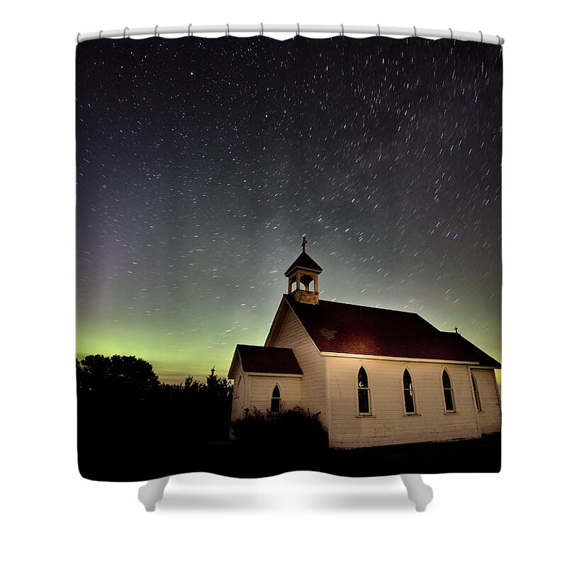 Sky Shower Curtain featuring the digital art Northern Lights Canada Church country religion by Mark Duffy