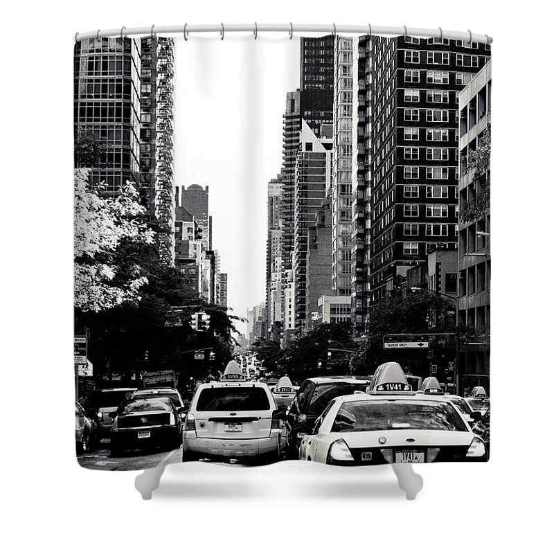 Manhattan Shower Curtain featuring the photograph NYC Traffic in Black and White by Anthony Doudt