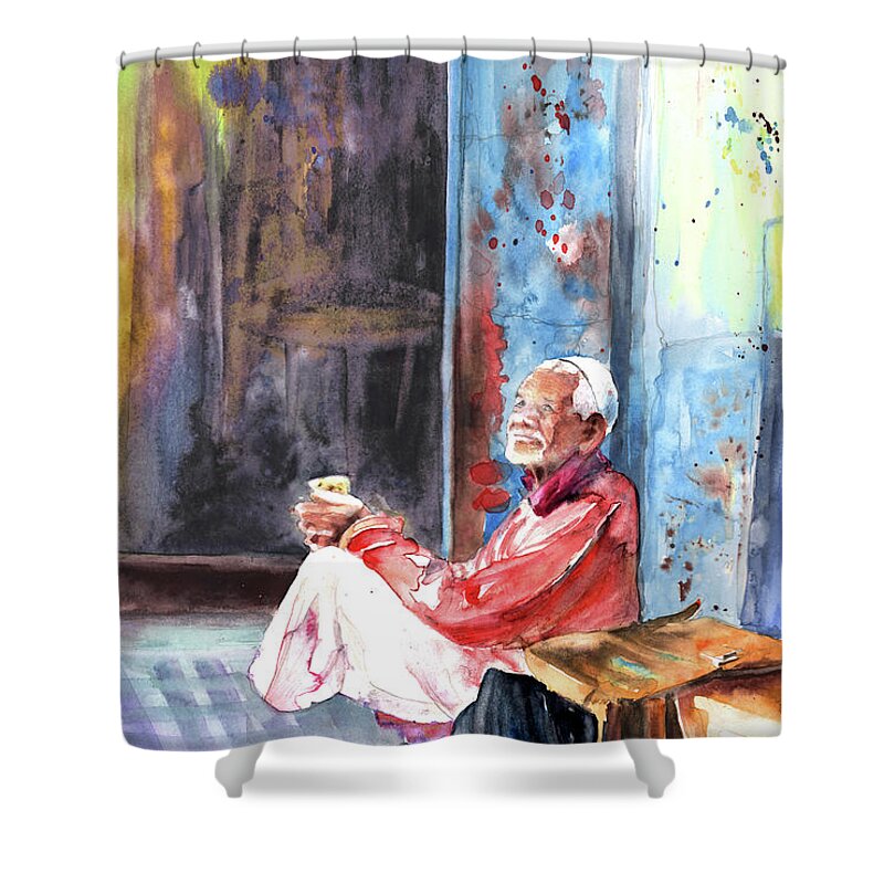 Travel Shower Curtain featuring the painting Old and Lonely in Morocco 01 by Miki De Goodaboom